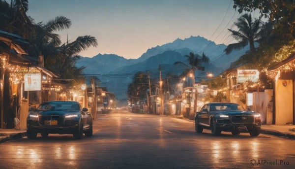 outdoors,sky,cloud,water,tree,no humans,night,ground vehicle,building,scenery,motor vehicle,reflection,sunset,mountain,city,sign,palm tree,car,road,vehicle focus,power lines,lamppost,street,evening,mountainous horizon,city lights,truck,signature,light,utility pole,lights,real world location