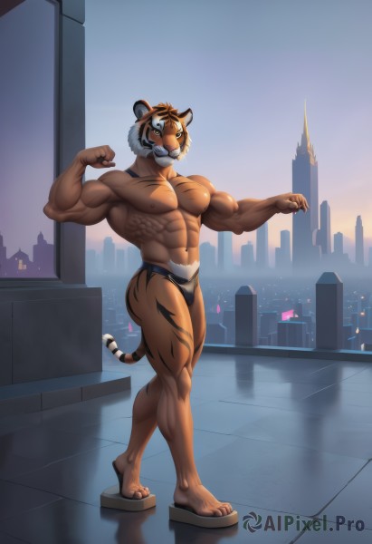 solo,looking at viewer,short hair,1boy,navel,animal ears,underwear,nipples,standing,tail,full body,male focus,thighs,sky,artist name,stomach,window,muscular,facial hair,thick thighs,abs,sandals,underwear only,thick eyebrows,pectorals,muscular male,building,bara,beard,furry,large pectorals,bulge,topless male,paw pose,city,mature male,cityscape,furry male,tiger ears,chinese zodiac,body fur,male underwear,tiger tail,biceps,navel hair,whiskers,2022,year of the tiger,black fur,thick arms,flexing,tiger boy,skyline,black male underwear,orange fur,tiger stripes,jockstrap,closed mouth,yellow eyes,fangs,walking,white fur,skyscraper,tiger,briefs