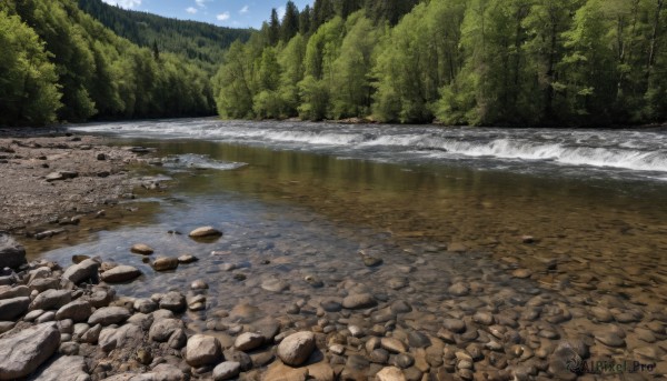 outdoors,sky,day,cloud,water,tree,blue sky,no humans,grass,nature,scenery,forest,reflection,rock,mountain,river,landscape,bird,bush,stream