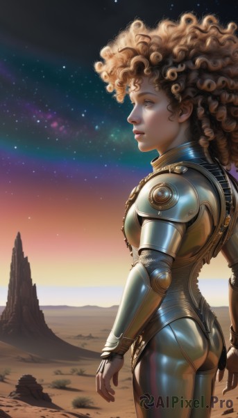 1girl,solo,long hair,blue eyes,brown hair,brown eyes,standing,ass,cowboy shot,outdoors,parted lips,sky,signature,dark skin,armor,from side,dark-skinned female,lips,bodysuit,profile,watermark,star (sky),skin tight,web address,starry sky,science fiction,curly hair,realistic,nose,arms at sides,space,looking afar,big hair,cyborg,desert,afro,breasts,blonde hair,looking up,rock,fantasy,looking ahead,power armor,gold armor