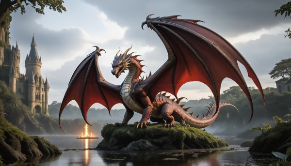 HQ,solo,open mouth,red eyes,tail,outdoors,wings,horns,sky,teeth,day,cloud,water,tree,no humans,fangs,cloudy sky,fire,sharp teeth,nature,scenery,claws,mountain,fantasy,dragon,scales,river,castle,lake,copyright name,reflection,rock