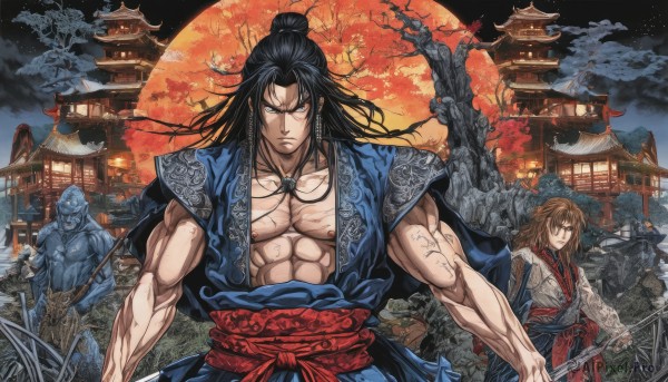 long hair,looking at viewer,brown hair,black hair,hair ornament,holding,brown eyes,jewelry,closed mouth,standing,collarbone,weapon,male focus,outdoors,japanese clothes,multiple boys,open clothes,sky,sword,cloud,2boys,necklace,hair bun,holding weapon,tree,sash,muscular,night,frown,scar,holding sword,chinese clothes,abs,moon,single hair bun,3boys,pectorals,muscular male,building,night sky,full moon,veins,robe,serious,lantern,mountain,hair stick,manly,architecture,bare pectorals,east asian architecture,statue,red moon,hanfu,pagoda