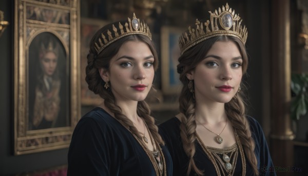 long hair,looking at viewer,smile,multiple girls,brown hair,dress,2girls,brown eyes,jewelry,closed mouth,upper body,braid,earrings,indoors,necklace,mole,blurry,twin braids,lips,grey eyes,mole under eye,depth of field,blurry background,siblings,tiara,crown,sisters,gem,hair over shoulder,freckles,twins,realistic,picture frame,portrait (object),bangs,collarbone,makeup,lipstick,pendant,red lips,painting (object)