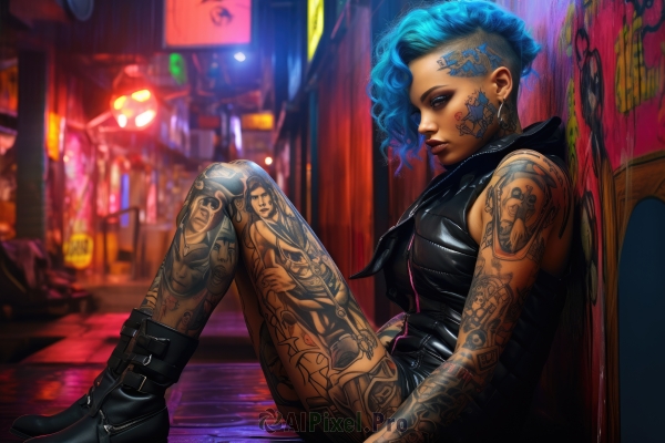 1girl,solo,breasts,short hair,blue eyes,bare shoulders,jewelry,medium breasts,sitting,closed mouth,blue hair,earrings,boots,shorts,sleeveless,belt,black footwear,blurry,vest,from side,lips,tattoo,profile,makeup,blurry background,knees up,nose,red lips,arm tattoo,undercut,facial tattoo,leg tattoo,neck tattoo,neon lights,pantyhose,dark skin,hood,high heels,alternate hairstyle,piercing,ear piercing,curly hair,asymmetrical hair,realistic,graffiti,sleeveless hoodie