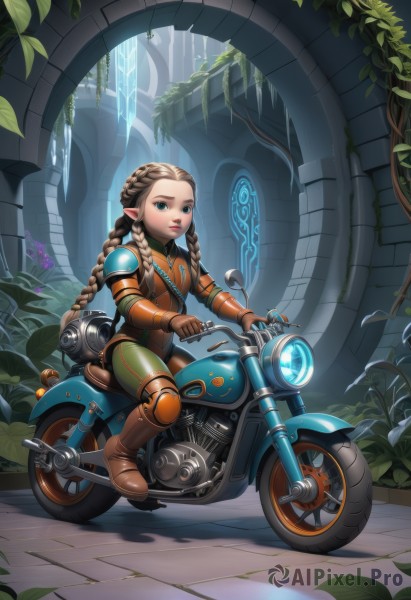 1girl,solo,long hair,looking at viewer,blue eyes,blonde hair,brown hair,gloves,sitting,braid,boots,pointy ears,armor,twin braids,lips,bodysuit,leaf,watermark,brown footwear,plant,ground vehicle,elf,shoulder armor,motor vehicle,brown gloves,fantasy,riding,knee pads,leather,vines,motorcycle,full body,flower