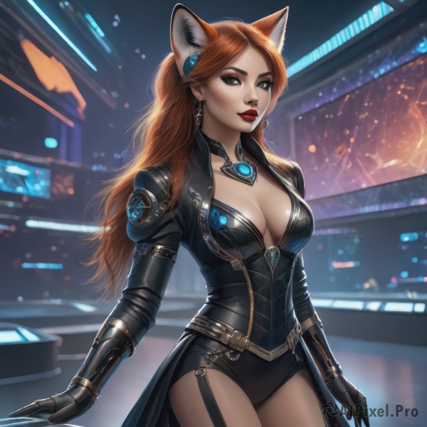 1girl,solo,long hair,breasts,looking at viewer,large breasts,brown hair,hair ornament,thighhighs,gloves,long sleeves,animal ears,cleavage,jewelry,medium breasts,standing,cowboy shot,earrings,parted lips,shorts,black gloves,belt,artist name,cat ears,orange hair,mole,blurry,black eyes,leotard,lips,fox ears,makeup,blurry background,garter straps,lipstick,gauntlets,black leotard,red lips,eyeliner,bangs,closed mouth,necklace,parted bangs,grey eyes,bodysuit,fox girl,claws,eyeshadow