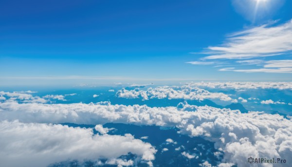 monochrome,outdoors,sky,day,cloud,blue sky,no humans,ocean,sunlight,cloudy sky,scenery,blue theme,mountain,sun,horizon,landscape,above clouds,water