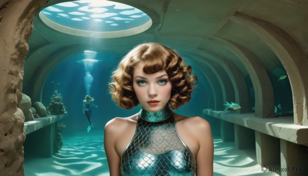 1girl,solo,breasts,looking at viewer,short hair,blue eyes,blonde hair,brown hair,bare shoulders,green eyes,upper body,solo focus,water,aqua eyes,lips,makeup,bird,halterneck,sunlight,lipstick,fishnets,fish,curly hair,light rays,underwater,fantasy,red lips,watercraft,sunbeam,pillar,column,aquarium,multiple girls,2girls,medium breasts,parted lips,teeth,leaf,monster girl,realistic,mermaid,statue