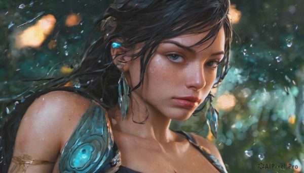 1girl,solo,long hair,looking at viewer,blue eyes,black hair,bare shoulders,jewelry,closed mouth,collarbone,upper body,earrings,outdoors,artist name,mole,blurry,black eyes,lips,wet,eyelashes,depth of field,blurry background,gem,portrait,armlet,freckles,rain,water drop,realistic,nose,wet hair,breasts,bangs,dress,cleavage,sleeveless,makeup,feathers,red lips