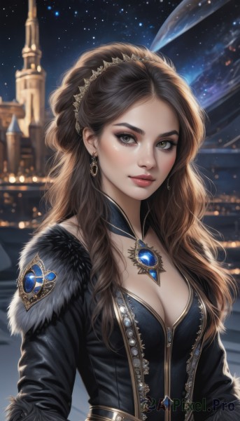 1girl,solo,long hair,breasts,looking at viewer,brown hair,hair ornament,long sleeves,dress,cleavage,brown eyes,jewelry,medium breasts,closed mouth,upper body,earrings,outdoors,sky,choker,artist name,signature,necklace,blurry,black dress,lips,fur trim,eyelashes,makeup,night,blurry background,wavy hair,gem,star (sky),night sky,starry sky,realistic,nose,red lips