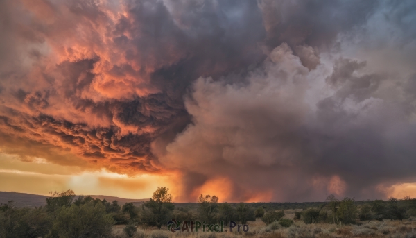 outdoors,sky,cloud,water,tree,no humans,cloudy sky,grass,fire,nature,scenery,forest,smoke,sunset,mountain,horizon,field,river,landscape,hill,ocean