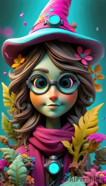 1girl,solo,long hair,looking at viewer,blush,smile,bangs,brown hair,hair ornament,hat,closed mouth,green eyes,upper body,flower,parted lips,glasses,artist name,hair flower,scarf,blurry,lips,petals,witch hat,depth of field,blurry background,colored skin,leaf,watermark,blue background,plant,goggles,portrait,web address,pink flower,freckles,multicolored eyes,yellow flower,round eyewear,purple flower,witch,pink headwear,pink scarf,blue eyes,nose