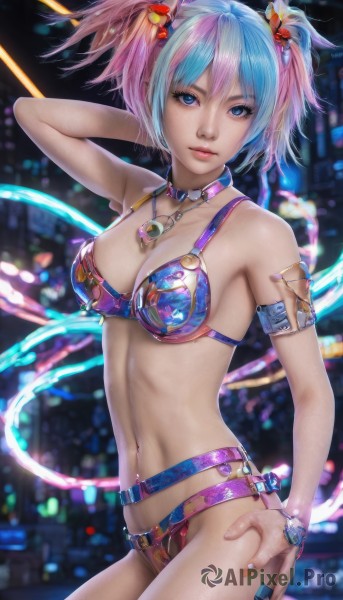 1girl,solo,breasts,looking at viewer,short hair,bangs,blue eyes,hair ornament,navel,cleavage,bare shoulders,twintails,jewelry,medium breasts,closed mouth,blue hair,standing,swimsuit,pink hair,flower,bikini,multicolored hair,cowboy shot,parted lips,choker,belt,artist name,hair flower,necklace,nail polish,bra,blurry,arm up,collar,bracelet,two-tone hair,lips,fingernails,blurry background,piercing,ring,short twintails,blue nails,arm behind head,watch,realistic,nose,wristwatch,hand on own thigh,navel piercing,armor,hand on hip,armlet,bikini armor