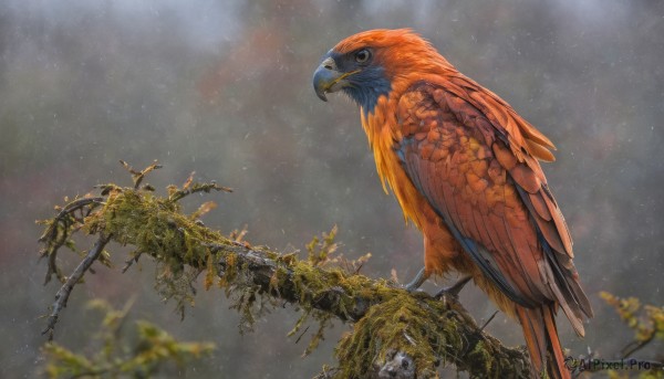 closed mouth,outdoors,wings,sky,cloud,blurry,black eyes,tree,no humans,depth of field,bird,animal,leaf,plant,scenery,rain,realistic,branch,animal focus,beak,solo,standing,feathers,moss