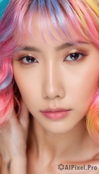 1girl,solo,looking at viewer,bangs,blonde hair,brown eyes,closed mouth,collarbone,pink hair,multicolored hair,blurry,black eyes,two-tone hair,lips,eyelashes,gradient hair,makeup,portrait,close-up,realistic,nose,mascara,rainbow hair,long hair,blue hair,orange hair,depth of field