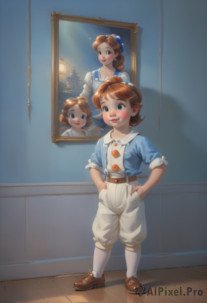 1girl,solo,blush,smile,short hair,blue eyes,multiple girls,brown hair,shirt,bow,brown eyes,jewelry,closed mouth,standing,full body,short sleeves,hair bow,hairband,earrings,shoes,shorts,socks,belt,pants,indoors,lips,kneehighs,buttons,siblings,brown footwear,suspenders,blue shirt,white socks,freckles,reflection,hands in pockets,overalls,looking at viewer,shadow,polka dot,loafers,red lips,badge,reference inset,portrait (object)