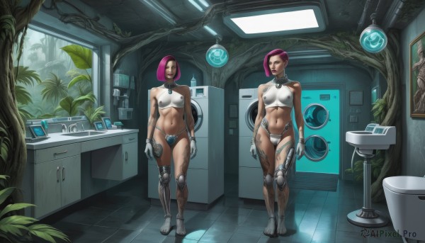 breasts,looking at viewer,short hair,multiple girls,gloves,navel,2girls,medium breasts,standing,full body,pink hair,purple hair,midriff,indoors,white gloves,dark skin,covered nipples,tree,tattoo,muscular,abs,plant,science fiction,android,tiles,joints,cable,cyborg,robot joints,1girl,solo,underwear,panties,barefoot,dirty,cyberpunk