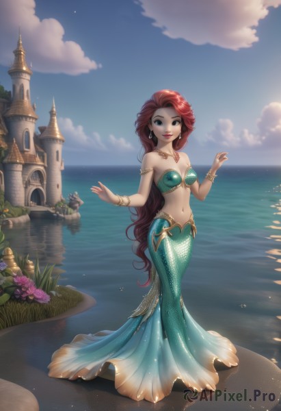 1girl,solo,long hair,breasts,looking at viewer,smile,blue eyes,navel,cleavage,bare shoulders,jewelry,medium breasts,very long hair,standing,swimsuit,full body,flower,bikini,red hair,earrings,outdoors,sky,day,midriff,artist name,cloud,signature,water,necklace,stomach,bracelet,blue sky,lips,strapless,makeup,ocean,beach,cloudy sky,lipstick,monster girl,gem,bikini top only,armlet,rock,horizon,red lips,scales,mermaid,shell,castle,tower,seashell,shell bikini,dress,collarbone,lake