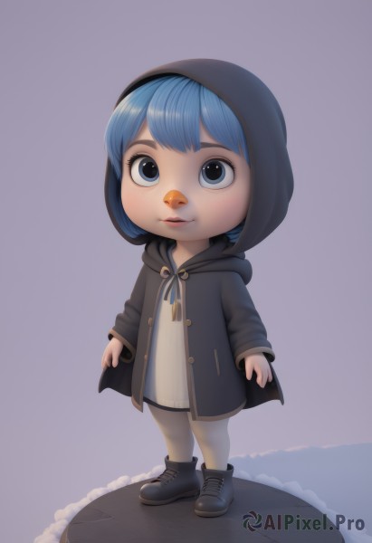 1girl,solo,looking at viewer,smile,short hair,bangs,blue eyes,simple background,long sleeves,blue hair,standing,full body,pantyhose,boots,shoes,shorts,artist name,hood,grey background,chibi,black footwear,hoodie,looking up,child,hood up,personification,freckles,female child,faux figurine,lips,watermark,cloak,white pantyhose,realistic,nose