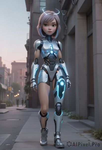 1girl,solo,breasts,looking at viewer,short hair,brown eyes,standing,full body,small breasts,outdoors,solo focus,lips,bodysuit,glowing,halo,robot,building,walking,science fiction,city,sign,arms at sides,android,road,joints,mechanical arms,cyborg,street,single mechanical arm,prosthesis,robot joints,cyberpunk,mechanical legs,alley,bangs,pink hair,ahoge,grey hair,multicolored hair,boots,armor,black eyes,swept bangs,neon trim,mechanical parts,humanoid robot