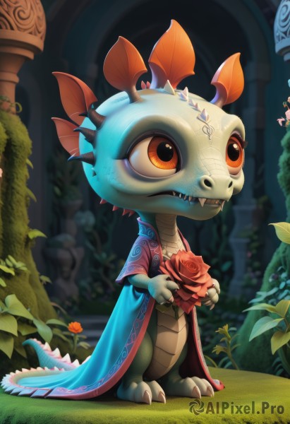 1girl,solo,open mouth,holding,standing,tail,full body,flower,outdoors,teeth,artist name,cape,blurry,orange eyes,no humans,rose,colored skin,fangs,watermark,grass,looking up,plant,sharp teeth,red flower,claws,furry,red rose,dragon,furry female,holding flower,scales,blue cape,pillar,robe