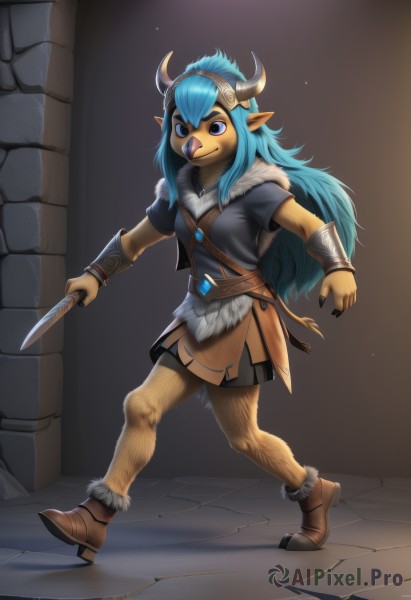 1girl,solo,long hair,breasts,looking at viewer,smile,bangs,blue eyes,skirt,shirt,holding,jewelry,closed mouth,blue hair,standing,purple eyes,full body,weapon,short sleeves,sidelocks,hairband,small breasts,boots,horns,pointy ears,belt,artist name,signature,dark skin,miniskirt,holding weapon,fur trim,black shirt,watermark,brown footwear,thick eyebrows,knife,gem,genderswap,claws,furry,genderswap (mtf),walking,fur collar,brown skirt,furry female,holding knife,bracer,dagger,animal nose,reverse grip,snout,leg hair,holding dagger,broken horn,alley,1boy,jacket,male focus,necklace,black eyes,flat chest,:3,happy,clenched hand,black nails,cropped jacket,vambraces,fake horns,furry male,body fur,leather,crack,brown fur,blue gemstone,yellow fur,tunic