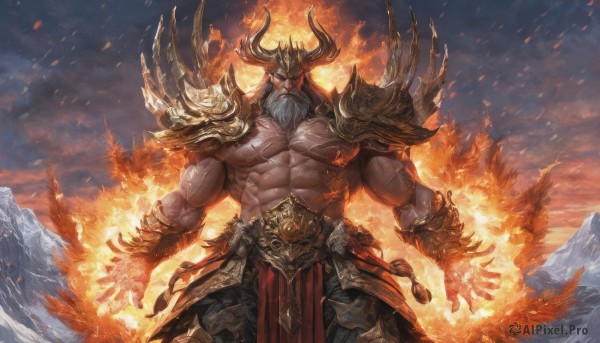 solo,long hair,looking at viewer,red eyes,1boy,navel,nipples,standing,male focus,cowboy shot,outdoors,horns,sky,cloud,armor,muscular,glowing,facial hair,scar,abs,cloudy sky,fire,pectorals,muscular male,shoulder armor,bara,glowing eyes,pelvic curtain,beard,scar on face,large pectorals,veins,pauldrons,topless male,mountain,mature male,scar across eye,bracer,manly,bare pectorals,shoulder pads,loincloth,scar on chest,embers,scar on arm,thick arms,molten rock,grey hair,tree,tattoo,helmet,gauntlets,snow,vambraces,fake horns,old,old man,biceps,single pauldron,veiny arms