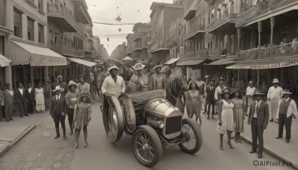 multiple girls,hat,dress,monochrome,greyscale,outdoors,multiple boys,6+girls,formal,suit,ground vehicle,building,scenery,motor vehicle,6+boys,city,aircraft,car,road,vehicle focus,motorcycle,street,crowd,people,long hair,skirt,boots,bag,high heels,mask,spot color,walking,sepia,pavement,crosswalk