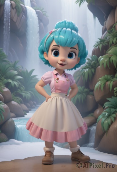 1girl,solo,looking at viewer,smile,short hair,open mouth,bangs,blue eyes,skirt,shirt,hair ornament,dress,blue hair,standing,full body,short sleeves,boots,outdoors,teeth,day,water,apron,lips,fur trim,eyelashes,aqua hair,buttons,brown footwear,single hair bun,suspenders,child,pink dress,nature,curly hair,pink shirt,hands on hips,female child,ankle boots,waterfall,fur-trimmed boots,green hair,shoes,artist name,leaf,upper teeth only,watermark,plant,web address,rock