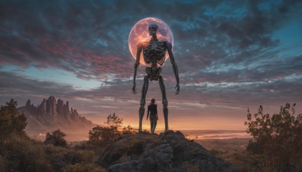 short hair,shirt,1boy,standing,outdoors,sky,pants,cloud,from behind,tree,moon,cloudy sky,grass,nature,scenery,1other,full moon,forest,sunset,mountain,size difference,giant,ribs,skeleton,bone,mountainous horizon,red sky,male focus,no humans,night,robot,science fiction,landscape