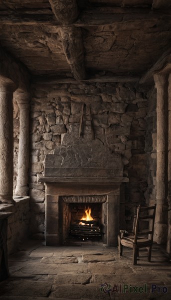 solo,sitting,indoors,no humans,chair,fire,scenery,stairs,ruins,pillar,throne,statue,crack,torch,sword,fantasy,wall,planted sword,column,stone floor,stone wall,fireplace,easel,wood,cracked floor