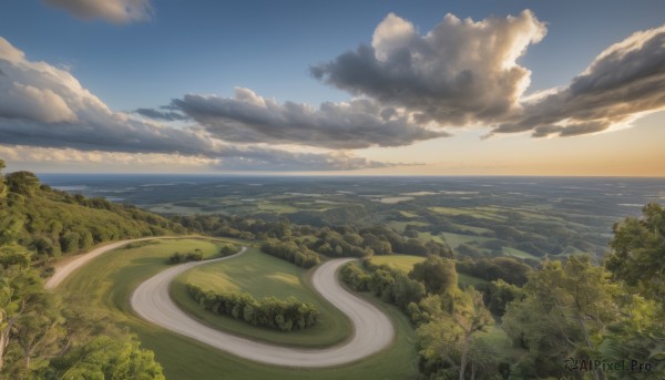 A landscape surrounded by a lush sunset day