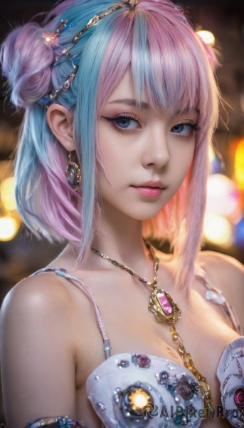 1girl,solo,breasts,looking at viewer,short hair,bangs,blue eyes,hair ornament,cleavage,bare shoulders,jewelry,medium breasts,closed mouth,underwear,blue hair,collarbone,upper body,pink hair,multicolored hair,earrings,shiny,artist name,signature,necklace,hair bun,bra,blurry,two-tone hair,lips,eyelashes,double bun,gradient hair,makeup,depth of field,blurry background,gem,armlet,eyeshadow,white bra,realistic,nose,mascara,sidelocks,streaked hair,chain,pink lips,eyeliner,bokeh