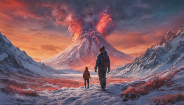 standing, outdoors, multiple boys, sky, pants, cloud, bag, from behind, scarf, holding hands, backpack, fire, scenery, snow, sunset, mountain, molten rock