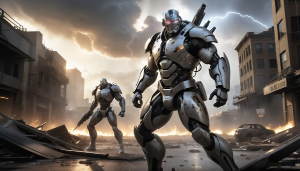 HQ,red eyes,1boy,holding,standing,weapon,outdoors,multiple boys,sky,cloud,2boys,holding weapon,armor,gun,no humans,glowing,cloudy sky,robot,ground vehicle,building,clenched hand,mecha,glowing eyes,motor vehicle,rifle,smoke,science fiction,city,realistic,military vehicle,electricity,car,ruins,dirty,damaged,lightning,power armor,debris,rubble,signature,helmet,fire,holding gun,rain,sign,tank