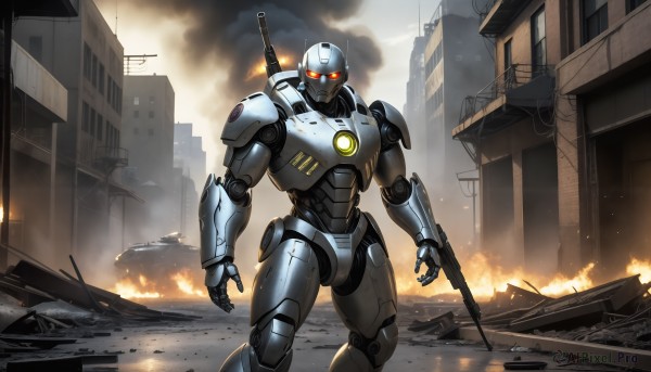 HQ,solo,1boy,standing,weapon,outdoors,armor,gun,military,no humans,glowing,fire,robot,ground vehicle,building,mecha,glowing eyes,motor vehicle,rifle,smoke,science fiction,city,realistic,military vehicle,ruins,damaged,power armor,embers,burning,radio antenna,helicopter,looking at viewer,red eyes,arm blade