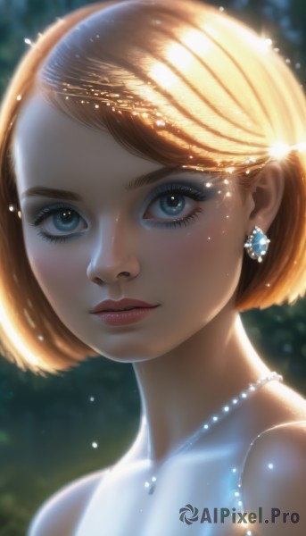 1girl,solo,looking at viewer,short hair,blue eyes,blonde hair,brown hair,dress,bare shoulders,jewelry,closed mouth,earrings,necklace,blurry,lips,eyelashes,sparkle,makeup,blurry background,bob cut,gem,portrait,realistic,nose,pearl necklace,upper body,parted lips,shiny,artist name,watermark,light particles