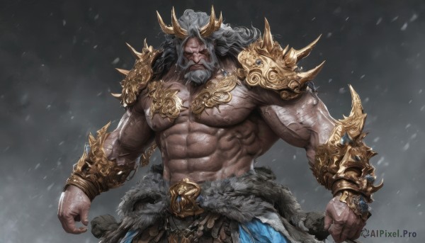 solo,long hair,looking at viewer,1boy,navel,jewelry,closed mouth,nipples,standing,white hair,grey hair,male focus,cowboy shot,horns,stomach,armor,fur trim,muscular,glowing,facial hair,frown,scar,abs,pectorals,muscular male,shoulder armor,bara,glowing eyes,beard,scar on face,snow,clenched hands,large pectorals,veins,pauldrons,topless male,snowing,mature male,mustache,scar across eye,vambraces,bracer,manly,bare pectorals,biceps,thick arms,veiny arms,black hair,gauntlets,scar on chest,tusks,single pauldron