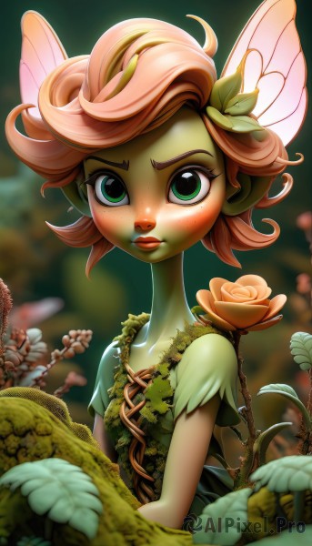 1girl,solo,looking at viewer,blush,short hair,hair ornament,dress,holding,closed mouth,green eyes,upper body,pink hair,flower,short sleeves,outdoors,wings,pointy ears,hair flower,blurry,flat chest,lips,depth of field,blurry background,rose,colored skin,leaf,plant,monster girl,red flower,nature,pink flower,freckles,green dress,fairy wings,fairy,green skin,vines,mushroom,plant girl,shirt,artist name,orange hair,eyelashes