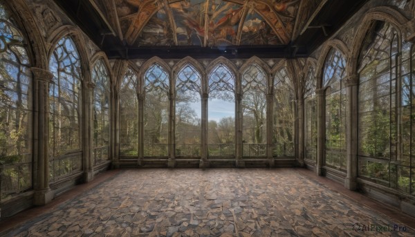 outdoors,sky,day,cloud,indoors,tree,blue sky,dutch angle,no humans,window,sunlight,plant,nature,scenery,forest,stairs,fantasy,architecture,tile floor,pillar,arch,column,leaf,cloudy sky,wooden floor,bare tree,floor,ceiling,stone floor,vanishing point