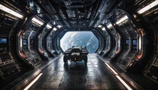 indoors,no humans,window,robot,scenery,science fiction,realistic,space,planet,spacecraft,cockpit,sunlight,mecha,machinery,light rays,light,earth (planet),spacesuit