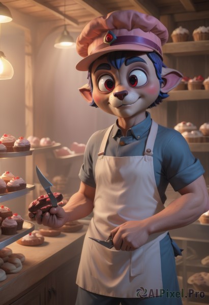 solo,looking at viewer,blush,smile,short hair,shirt,red eyes,1boy,hat,holding,animal ears,closed mouth,blue hair,standing,short sleeves,male focus,cowboy shot,food,collared shirt,pants,artist name,indoors,blurry,apron,fruit,black pants,thick eyebrows,blue shirt,knife,wing collar,furry,freckles,cake,fork,holding knife,lamp,furry male,male child,doughnut,holding fork,cupcake,chef hat,weapon,pointy ears,extra ears