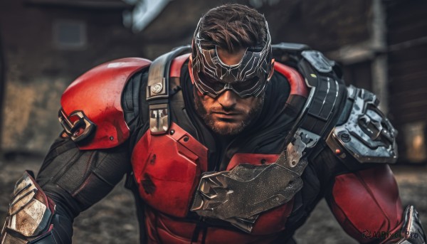 solo,looking at viewer,brown hair,1boy,closed mouth,upper body,male focus,dark skin,armor,blurry,mask,muscular,blurry background,facial hair,scar,dark-skinned male,shoulder armor,beard,mature male,realistic,manly,red armor,short hair,black hair,muscular male,facing viewer