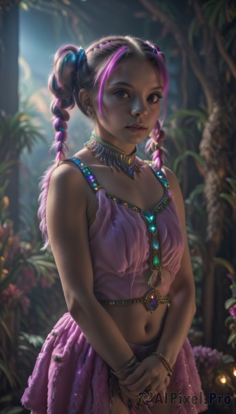 1girl,solo,long hair,breasts,looking at viewer,skirt,navel,bare shoulders,twintails,brown eyes,jewelry,closed mouth,standing,pink hair,purple hair,braid,multicolored hair,cowboy shot,earrings,small breasts,outdoors,midriff,artist name,dark skin,necklace,blurry,twin braids,flat chest,bracelet,two-tone hair,dark-skinned female,tree,lips,streaked hair,see-through,blurry background,own hands together,nature,realistic,blue eyes,black hair,collarbone,flower,stomach,nail polish,crop top,makeup,piercing,ring,backlighting,purple skirt