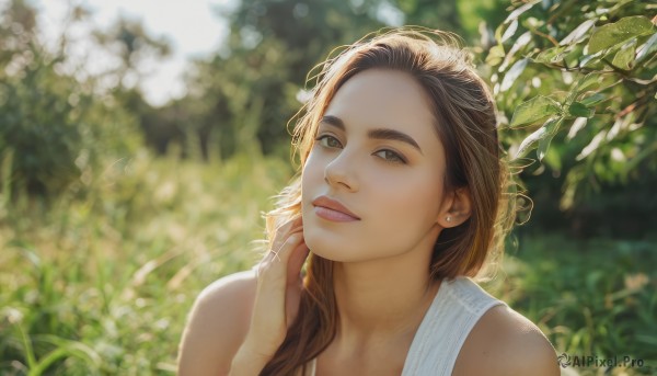 1girl,solo,long hair,looking at viewer,brown hair,bare shoulders,brown eyes,jewelry,upper body,earrings,outdoors,sleeveless,day,hand up,blurry,lips,grey eyes,depth of field,blurry background,leaf,plant,portrait,freckles,realistic,stud earrings,smile,hat,closed mouth,sunlight,ring,thick eyebrows,light smile,nose,mole on cheek