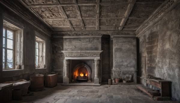 day,indoors,book,no humans,window,chair,table,sunlight,fire,plant,scenery,stairs,door,candle,wall,ruins,brick wall,pillar,carpet,candlestand,fireplace,tree,fantasy,barrel