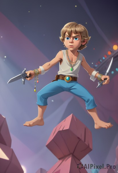 solo,short hair,blue eyes,brown hair,1boy,holding,jewelry,full body,weapon,male focus,sky,barefoot,belt,pants,artist name,necklace,bracelet,night,tank top,knife,gem,child,dual wielding,dagger,male child,blonde hair,capri pants