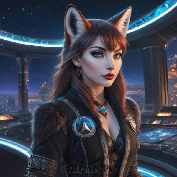 1girl,solo,long hair,breasts,looking at viewer,bangs,brown hair,animal ears,cleavage,brown eyes,jewelry,medium breasts,closed mouth,jacket,upper body,earrings,outdoors,open clothes,sky,choker,artist name,cat ears,necklace,lips,coat,fur trim,fox ears,makeup,night,lipstick,building,gem,star (sky),night sky,extra ears,pendant,eyeshadow,starry sky,nose,red lips,leather,city lights,black hair,city,cityscape