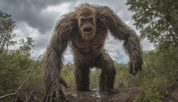 open mouth,red eyes,tail,outdoors,sky,teeth,day,cloud,tree,no humans,fangs,cloudy sky,sharp teeth,nature,claws,forest,monster,realistic,giant,ruins,kaijuu,weapon