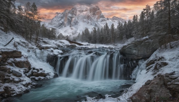 outdoors,sky,cloud,water,tree,military,no humans,cloudy sky,nature,scenery,snow,forest,sunset,rock,mountain,winter,river,waterfall,landscape,ice,bare tree